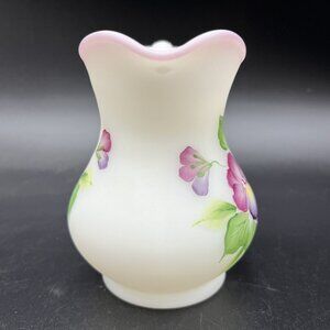 Fenton Hand Painted Jug Pitcher Creamer Vase Pansies White Satin Glass S Hopkins